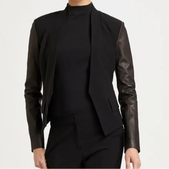 St. John Caviar Black Lamb Leather Open Front Blazer Jacket - Picture 3 of 16